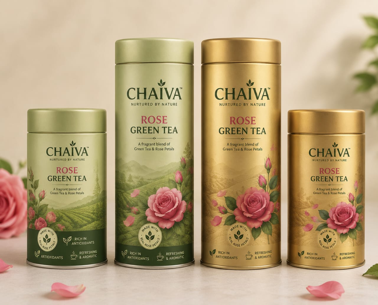 Chaiva Rose Green Tea cylindrical packaging